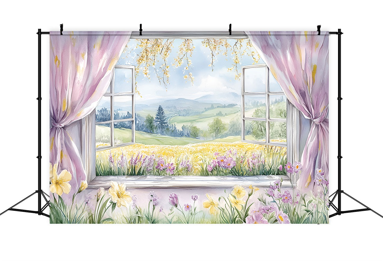 Fond Paysage Printemps Fenêtre Rustique Fleurs Collines LXX1-77