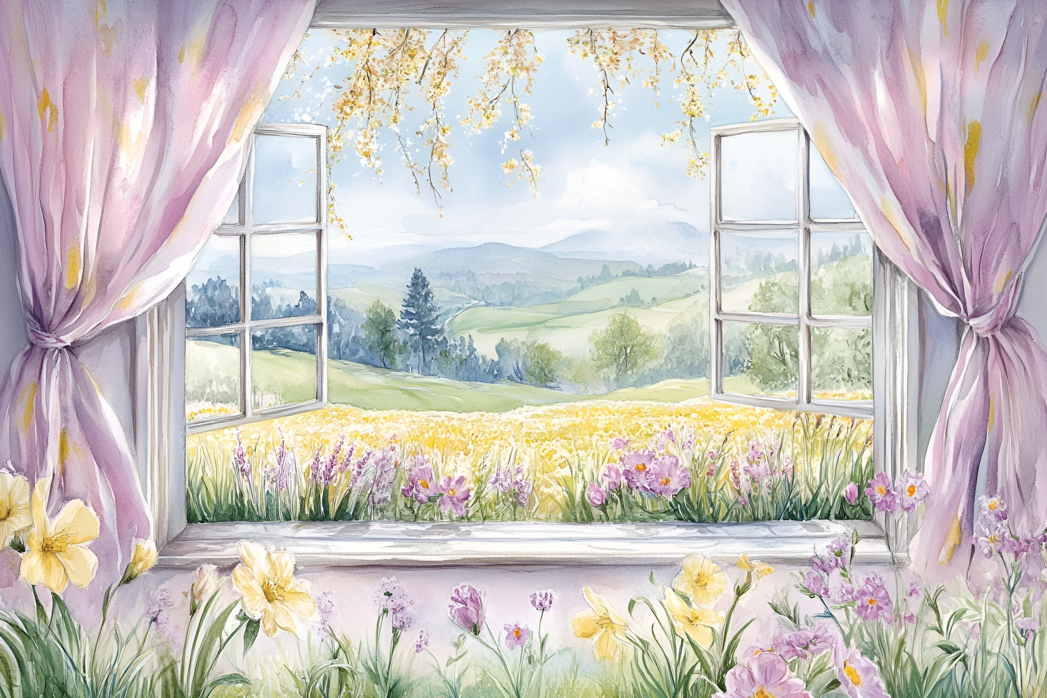 Fond Paysage Printemps Fenêtre Rustique Fleurs Collines LXX1-77