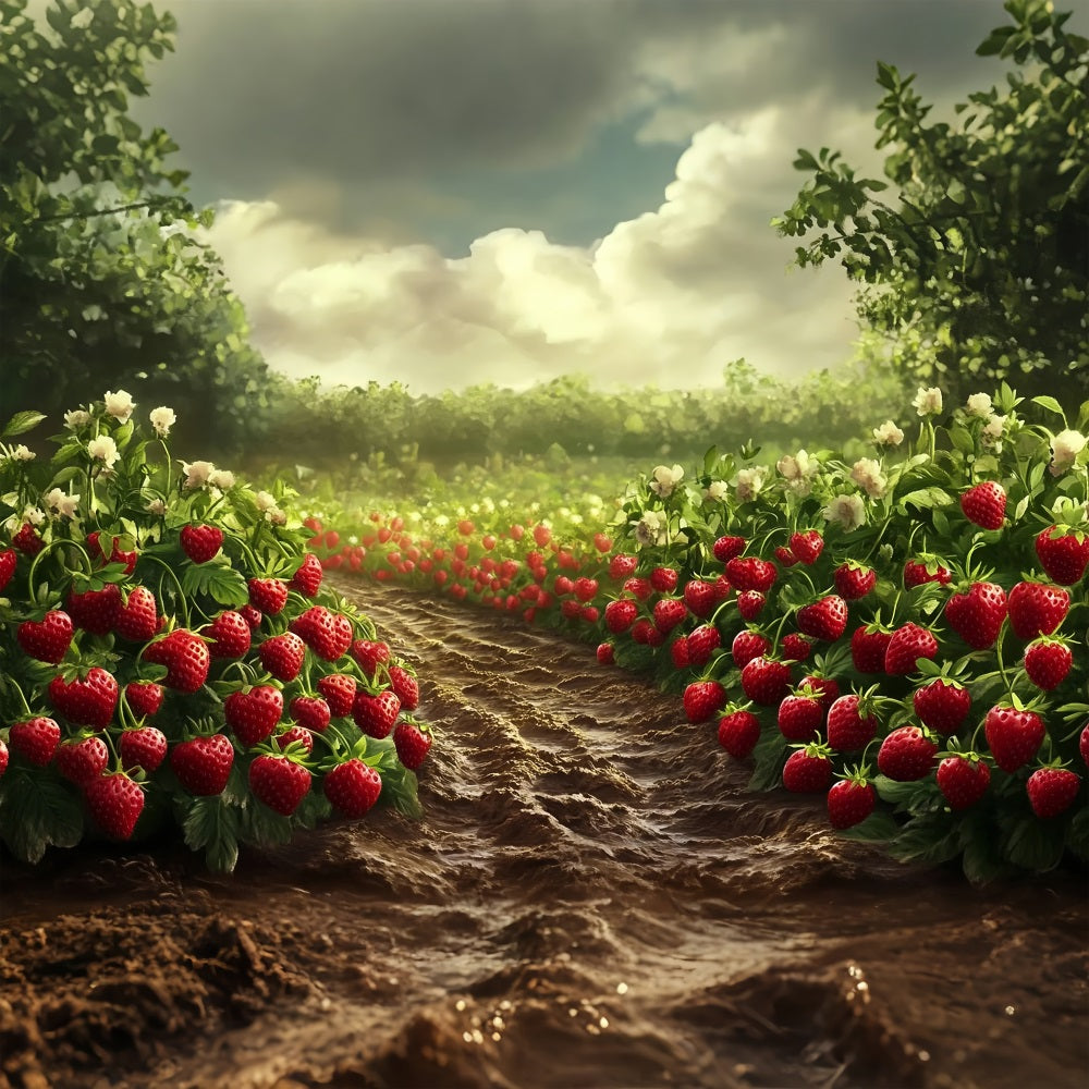 Toile de fond Printemps Champ Fraises Ensoleillé Photographie LXX1-85