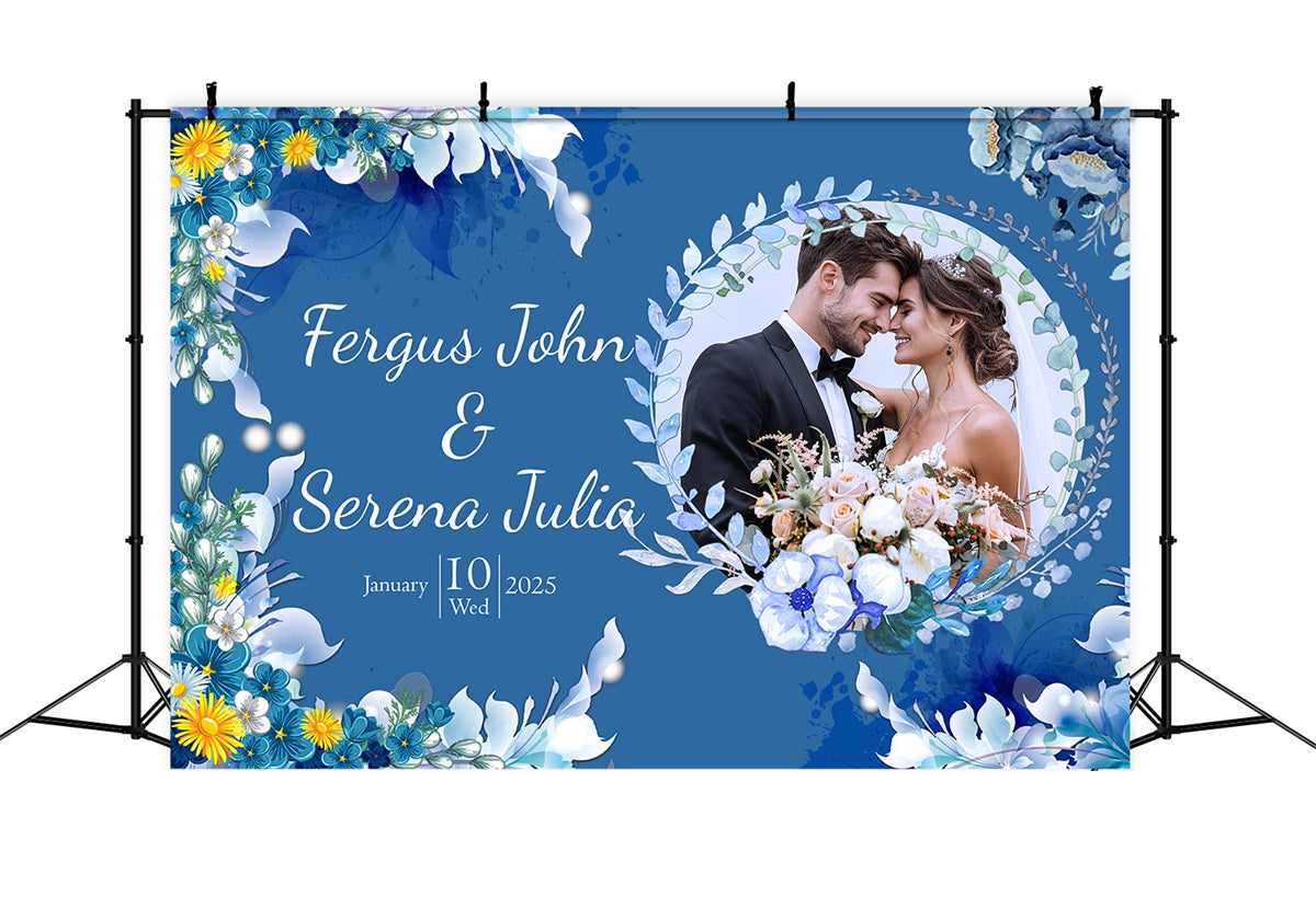 Toile de fond photobooth mariage personnalisé Fleurs Blanches Bleues Romantiques LXX2-146