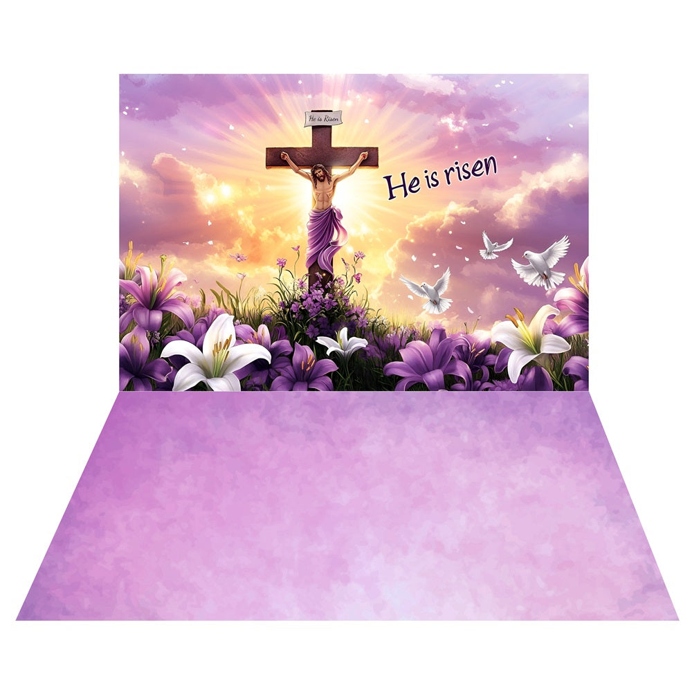 Toile de fond Croix Fleurie Pâques + Sol Lumière Violette LXX2-204