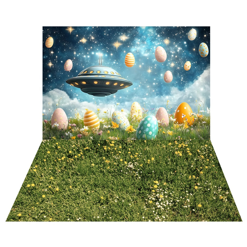 Toile de fond Galaxie UFO Pâques + Sol en Herbe de Prairie LXX2-207