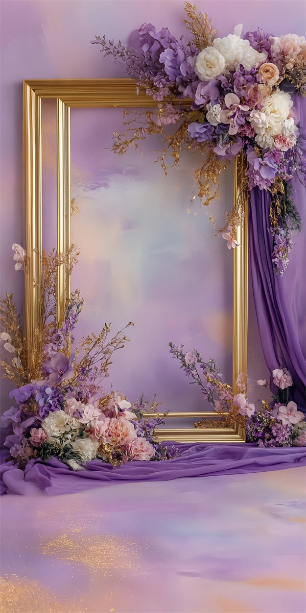 Toile de fond Sweep Florale Cadre Doré Élégant Fleurs Violettes LXX2-282