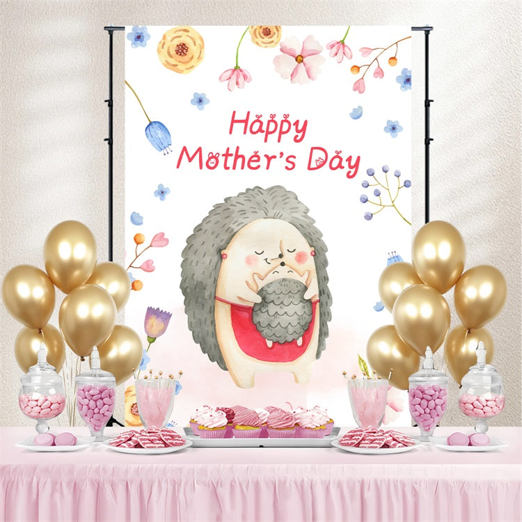 Toile de fond Fête des Mères Personnalisable Hérisson Fleuri Aquarelle LXX3-87