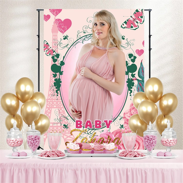 Toile de fond Baby Shower Fille Papillon Tour Eiffel Fleurie Personnalisée LXX4-189