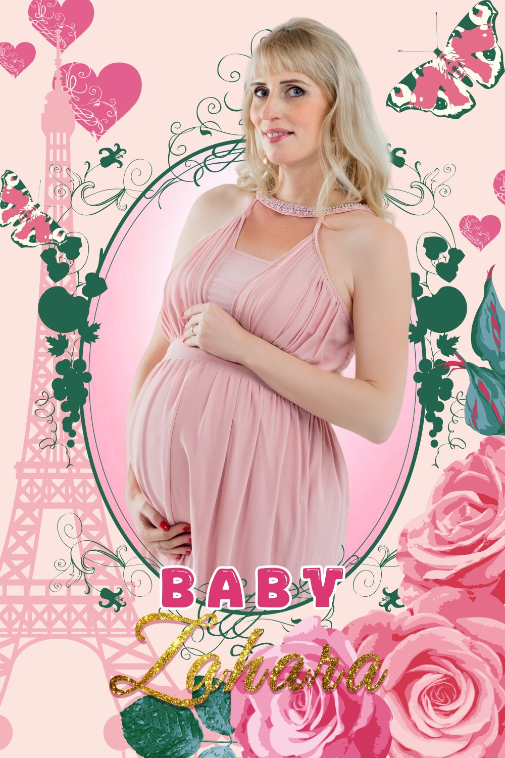 Toile de fond Baby Shower Fille Papillon Tour Eiffel Fleurie Personnalisée LXX4-189