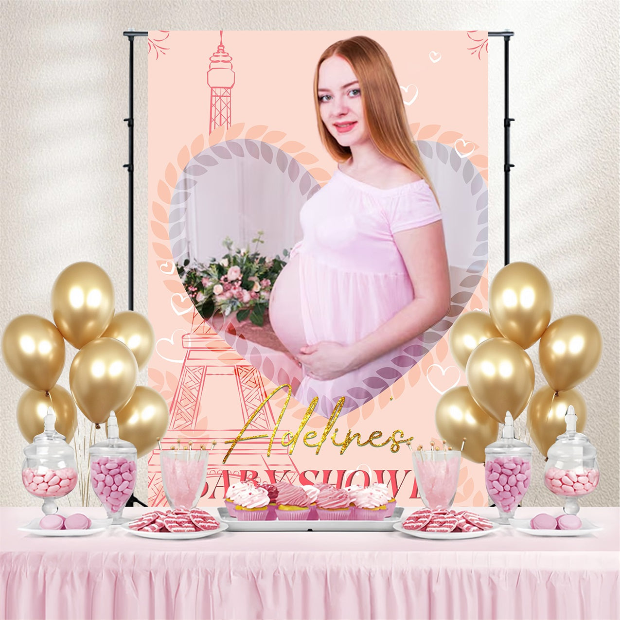 Toile de fond Photo Baby Shower Cœur Tour Eiffel Personnalisée LXX4-190