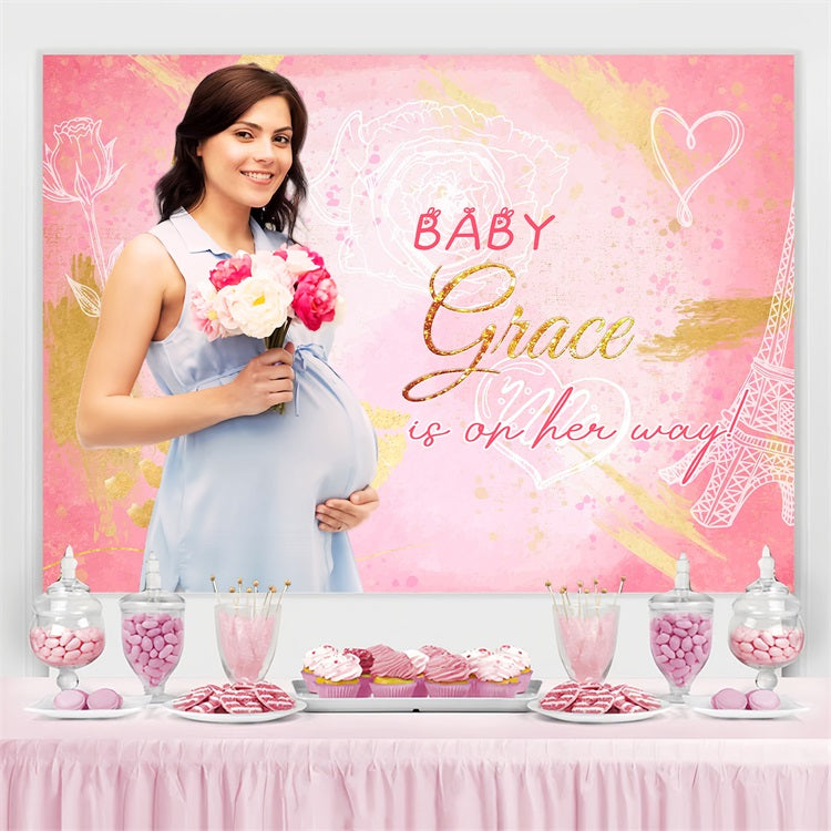 Toile de fond Baby Shower Fille Cœur Fleuri Paris Personnalisée LXX4-191