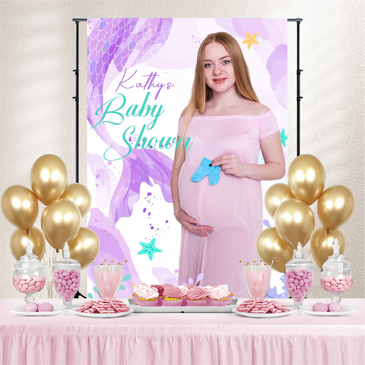 Toile de fond Baby Shower Sirène Queue Violette Personnalisée LXX4-197
