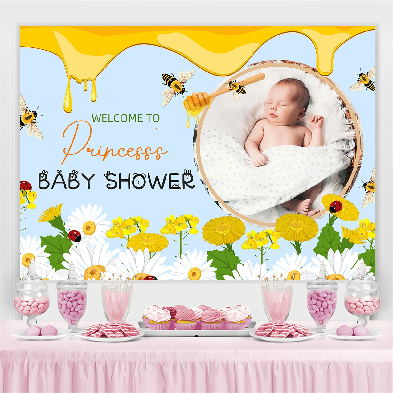 Toile de fond Baby Shower Fille Abeille et Fleurs Bienvenue Personnalisée LXX4-200
