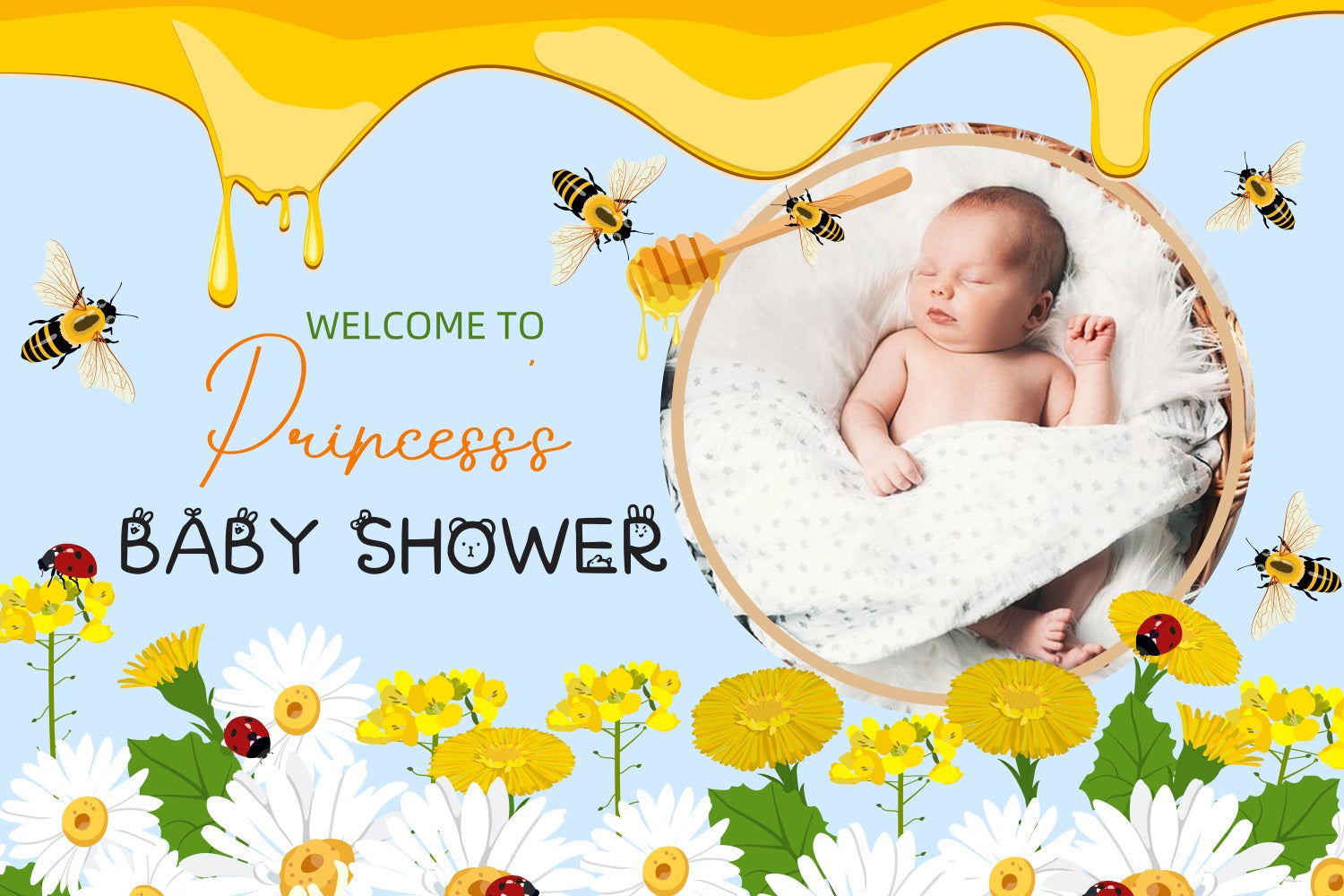 Toile de fond Baby Shower Fille Abeille et Fleurs Bienvenue Personnalisée LXX4-200