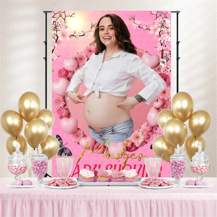 Toile de fond Baby Shower Fleurs Cœur Rose Fleuri Personnalisée LXX4-202
