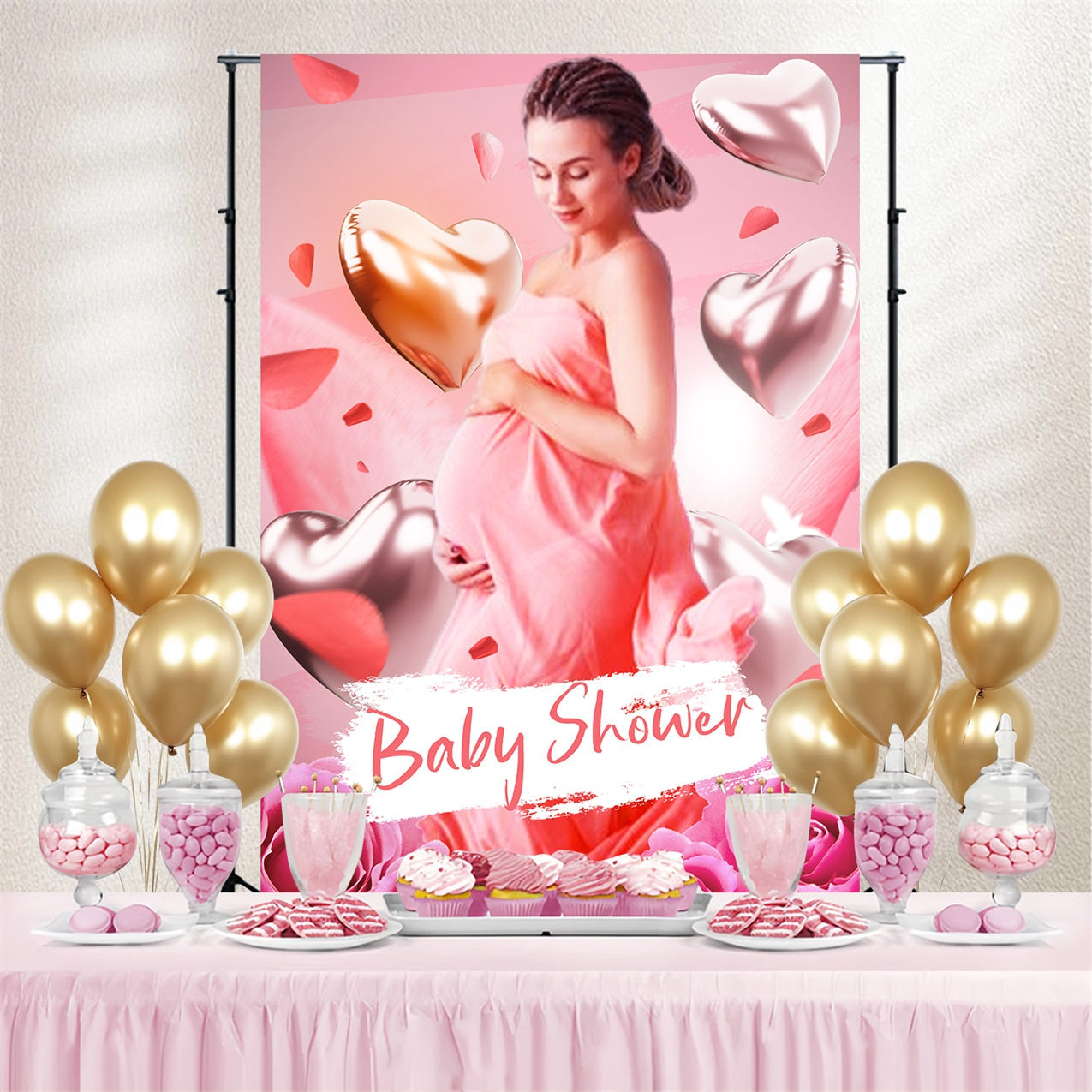 Toile de fond Baby Shower Fête Ballons Cœur Rose Personnalisée LXX4-205