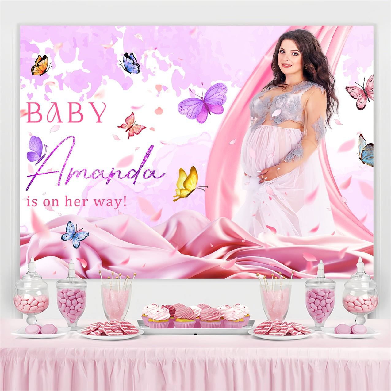 Toile de fond Baby Shower Fille Papillons Jardin Arrivée Personnalisée LXX4-208