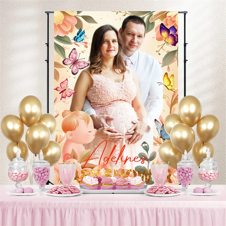 Toile de fond Baby Shower Fille Papillons Lumineux Fleurs Personnalisée LXX4-210