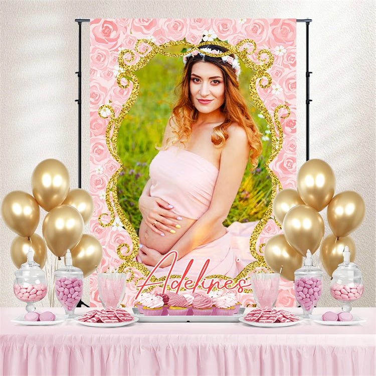 Toile de fond Baby Shower Fille Cadre Rose Or Rose Personnalisée LXX4-211