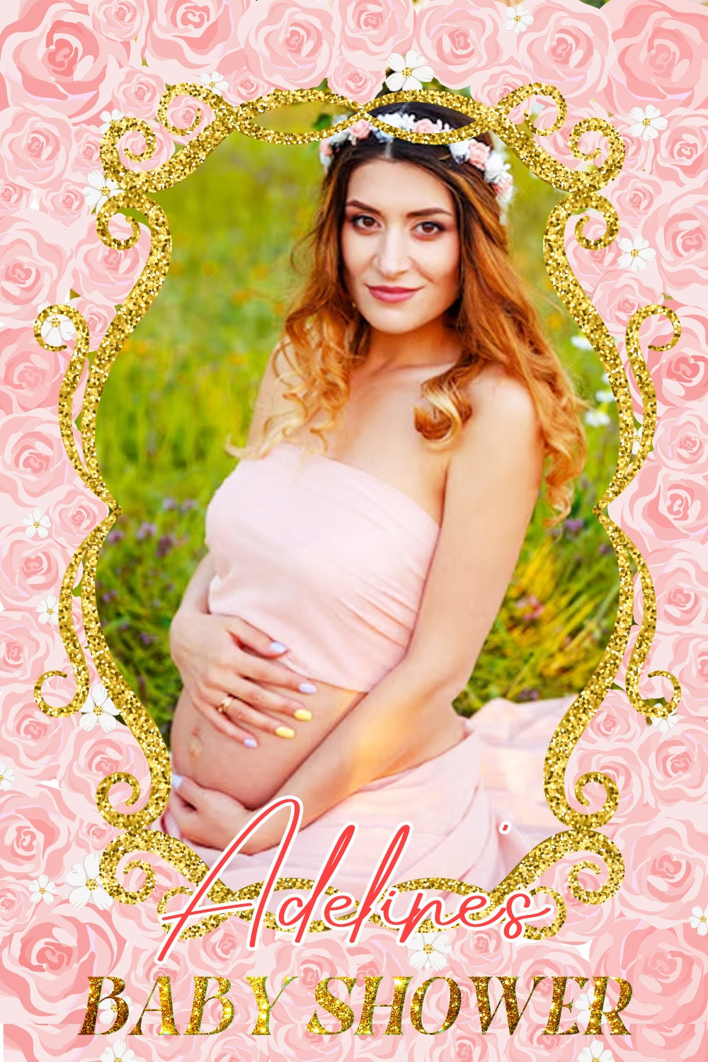Toile de fond Baby Shower Fille Cadre Rose Or Rose Personnalisée LXX4-211