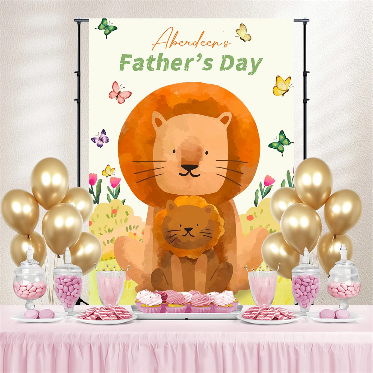 Toile de fond Fête des Pères Lion Prairie Papillons Personnalisée LXX4-60