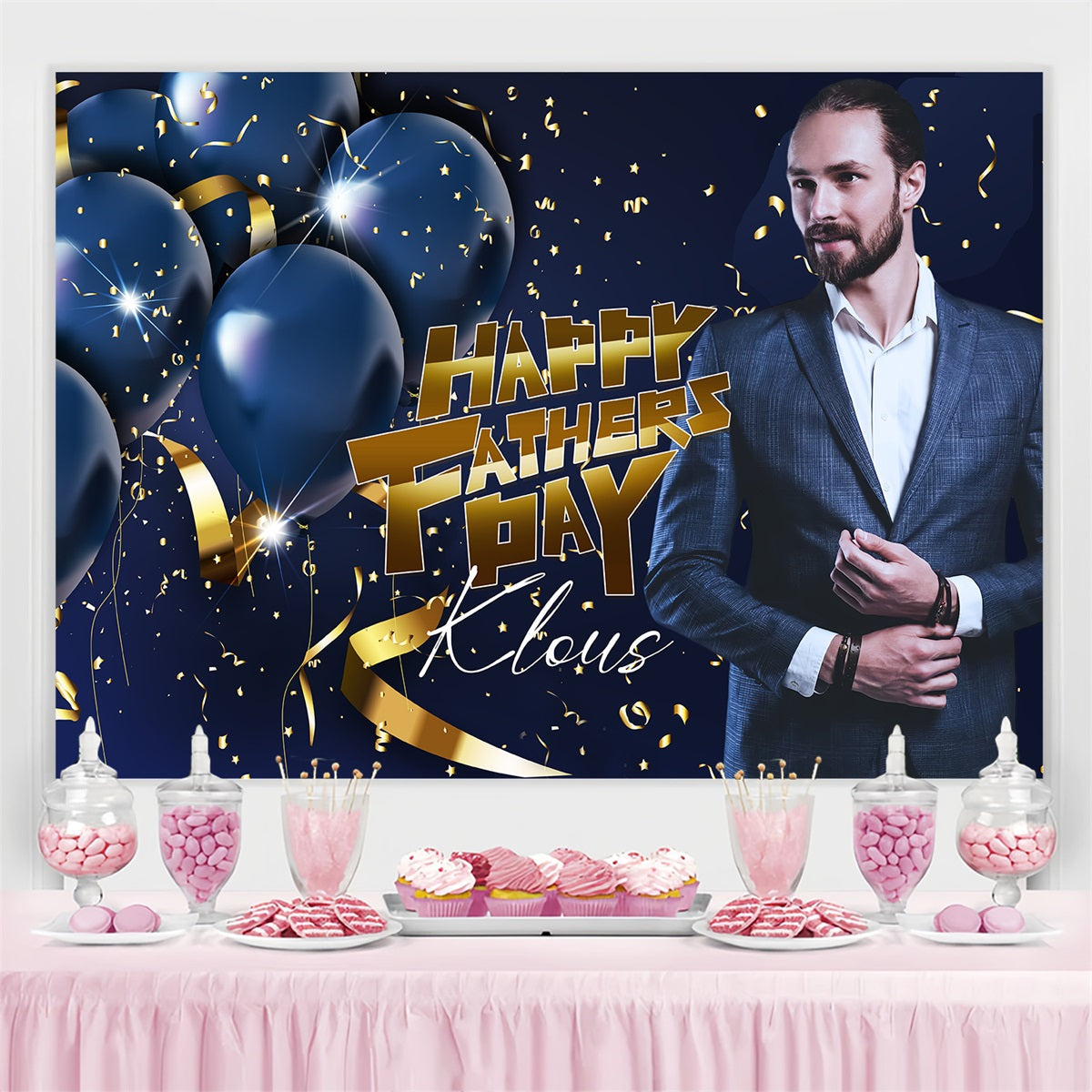 Toile de fond Bonne Fête des Pères Ballons Bleus Confettis Personnalisée LXX4-61