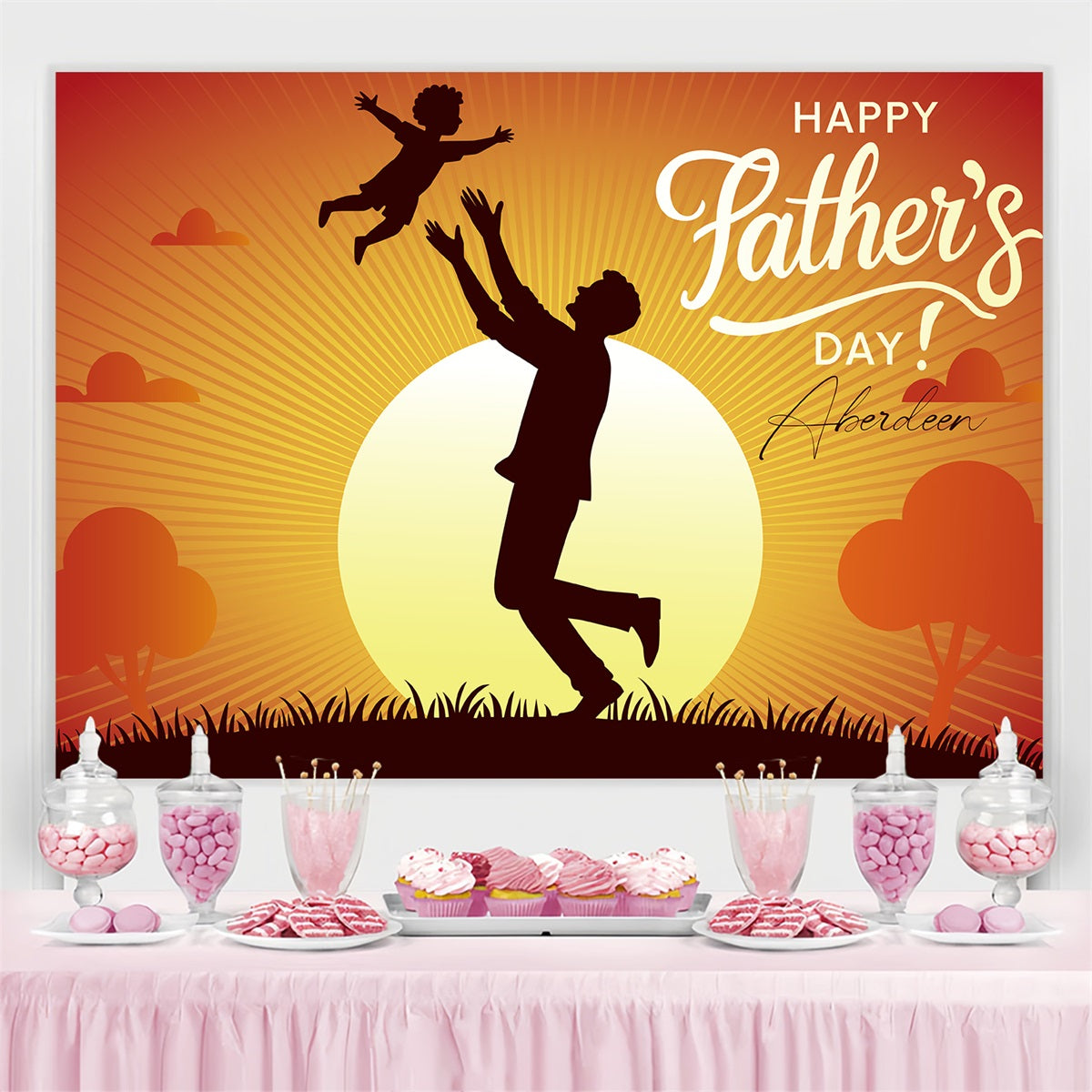 Toile de fond Fête des Pères Silhouette au Coucher du Soleil Personnalisée LXX4-73