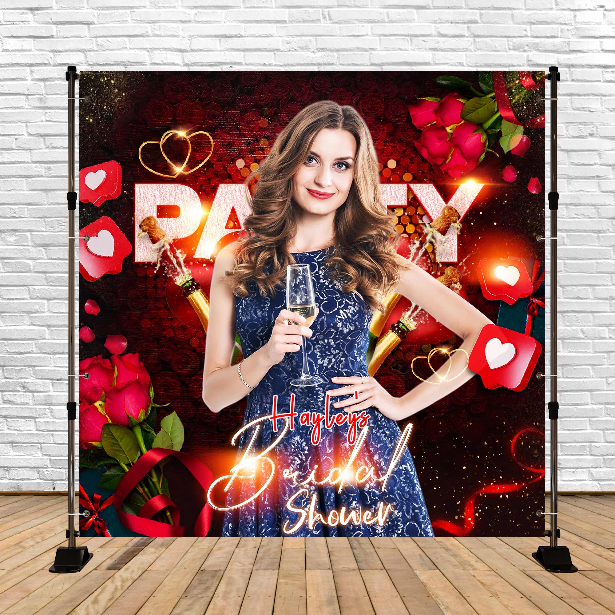 Toile de fond Bridal Shower Personnalisable Célébration Roses Rouges LXX5-184