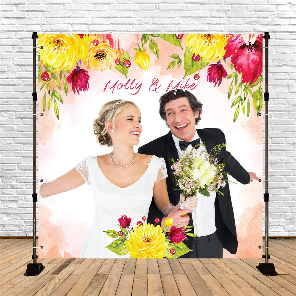 Toile de fond Mariage Aquarelle Florale Joyeuse Personnalisable LXX5-190