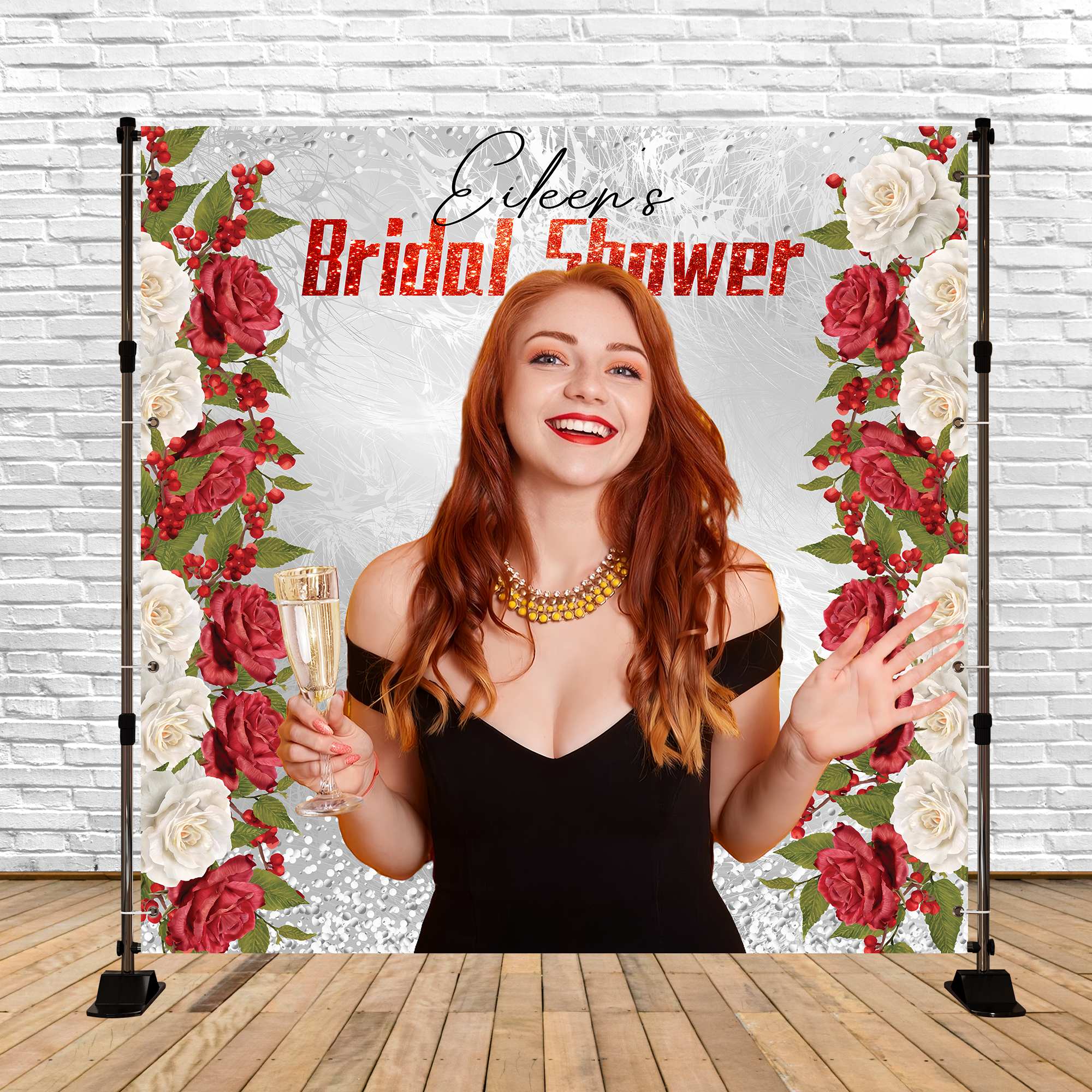 Toile de fond Bridal Shower Personnalisable Champagne Rose Rouge LXX5-200