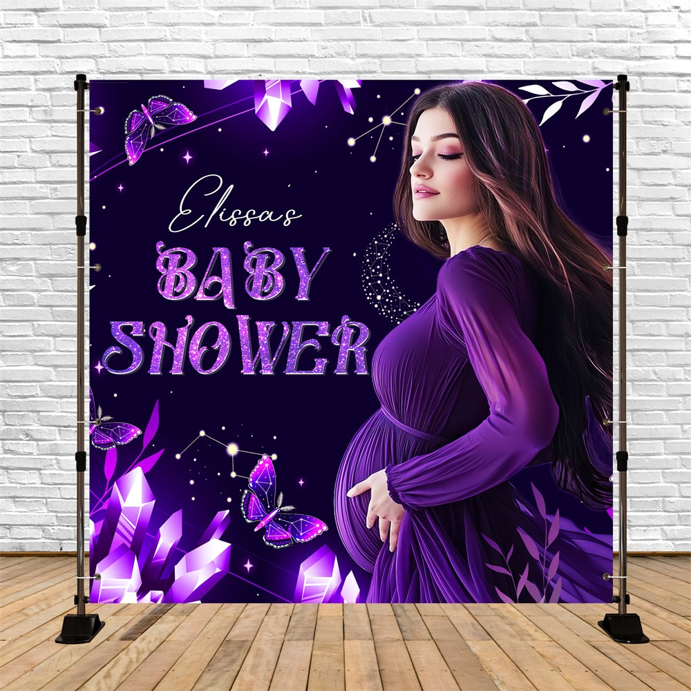 Toile de fond Baby Shower Papillon Violet Enchanté Personnalisée LXX5-236