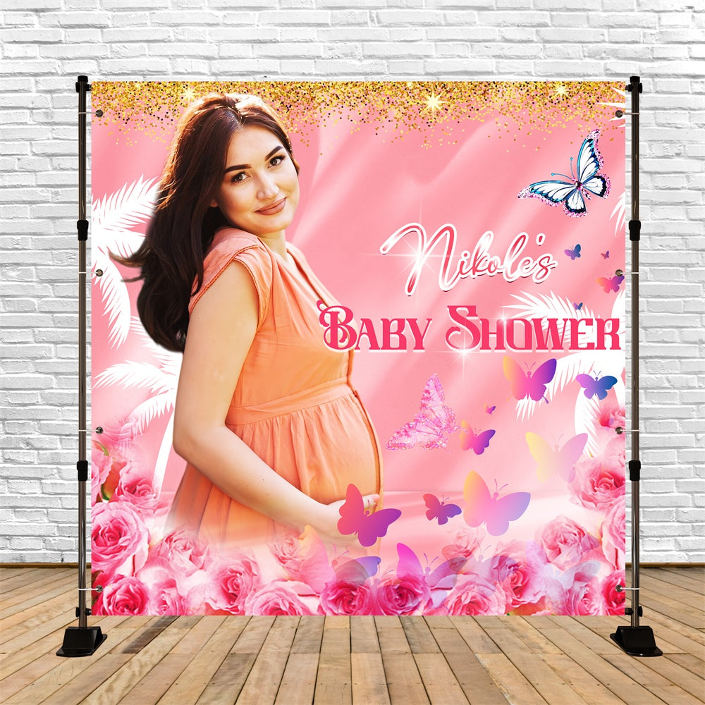 Toile de fond Baby Shower Jardin de Roses Papillon Personnalisée LXX5-245