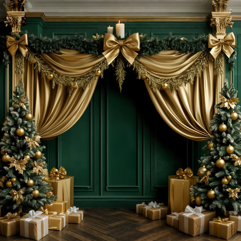 Fonds avec nœuds Rideau festif émeraude et or Fond victorien de Noël LXX510-111
