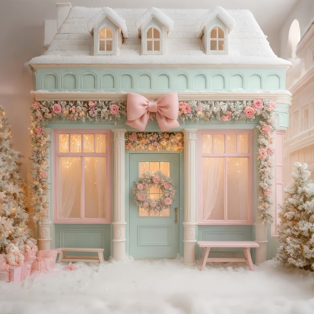 Fond rose avec nœud, boutique hivernale pastel, porte, fond photo de Noël LXX510-138