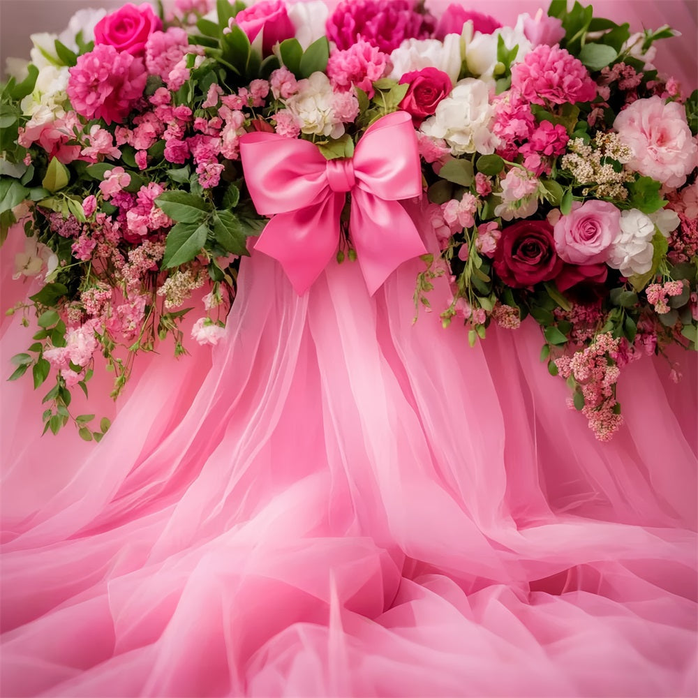 Grand fond avec nœud, fleurs roses, tulle, fond floral fantaisie LXX510-150