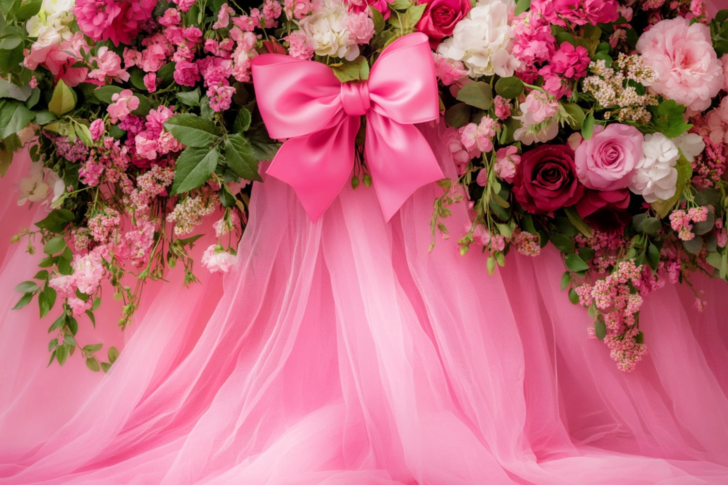 Grand fond avec nœud, fleurs roses, tulle, fond floral fantaisie LXX510-150