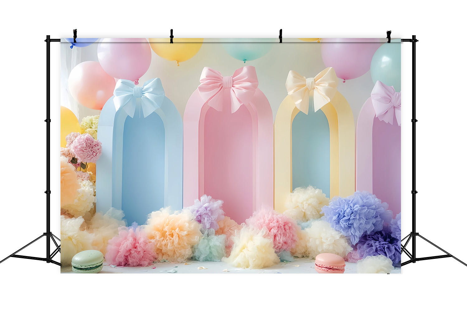 Toiles de fond avec nœuds Ballons pastel Arches colorées Gâteau d'anniversaire LXX510-163