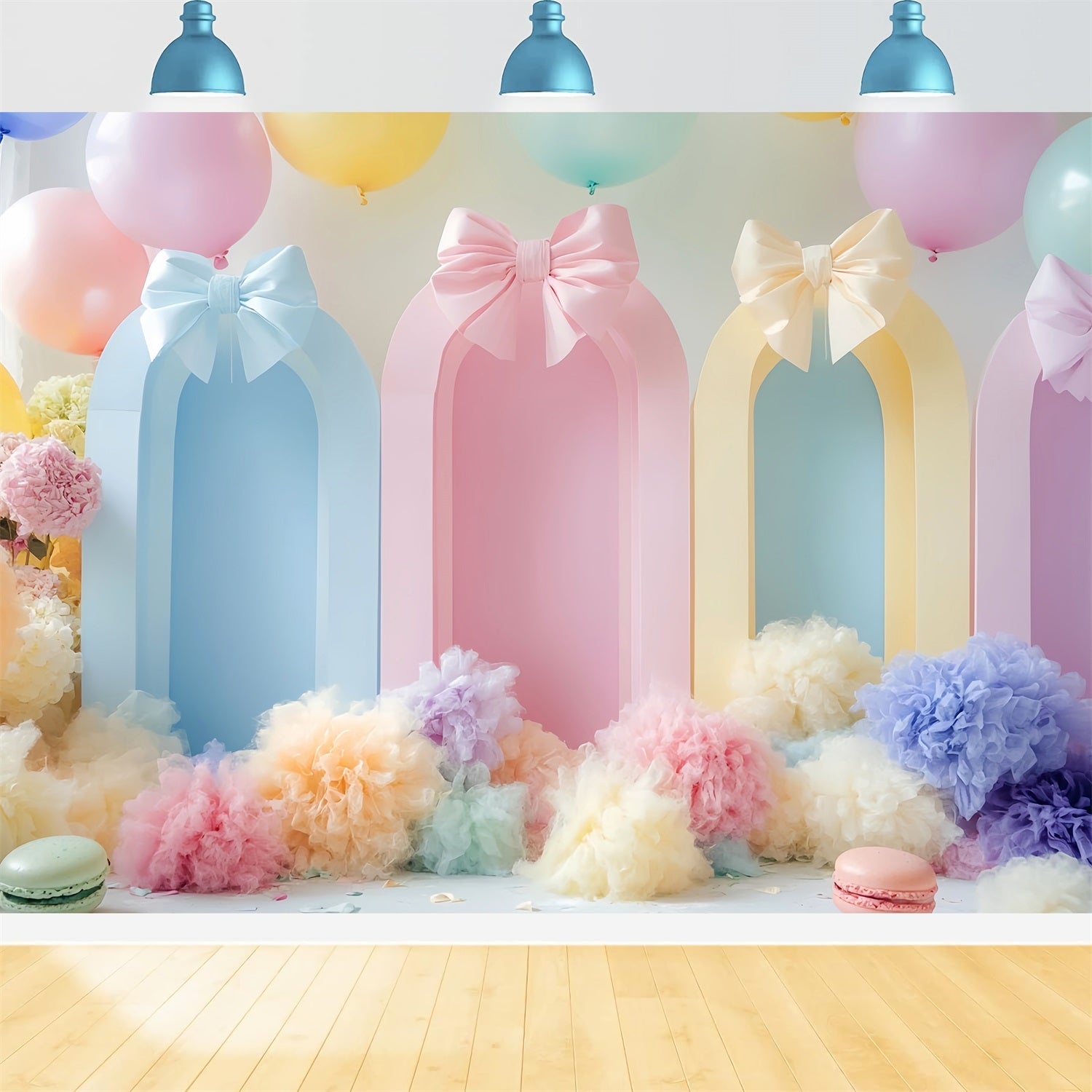 Toiles de fond avec nœuds Ballons pastel Arches colorées Gâteau d'anniversaire LXX510-163