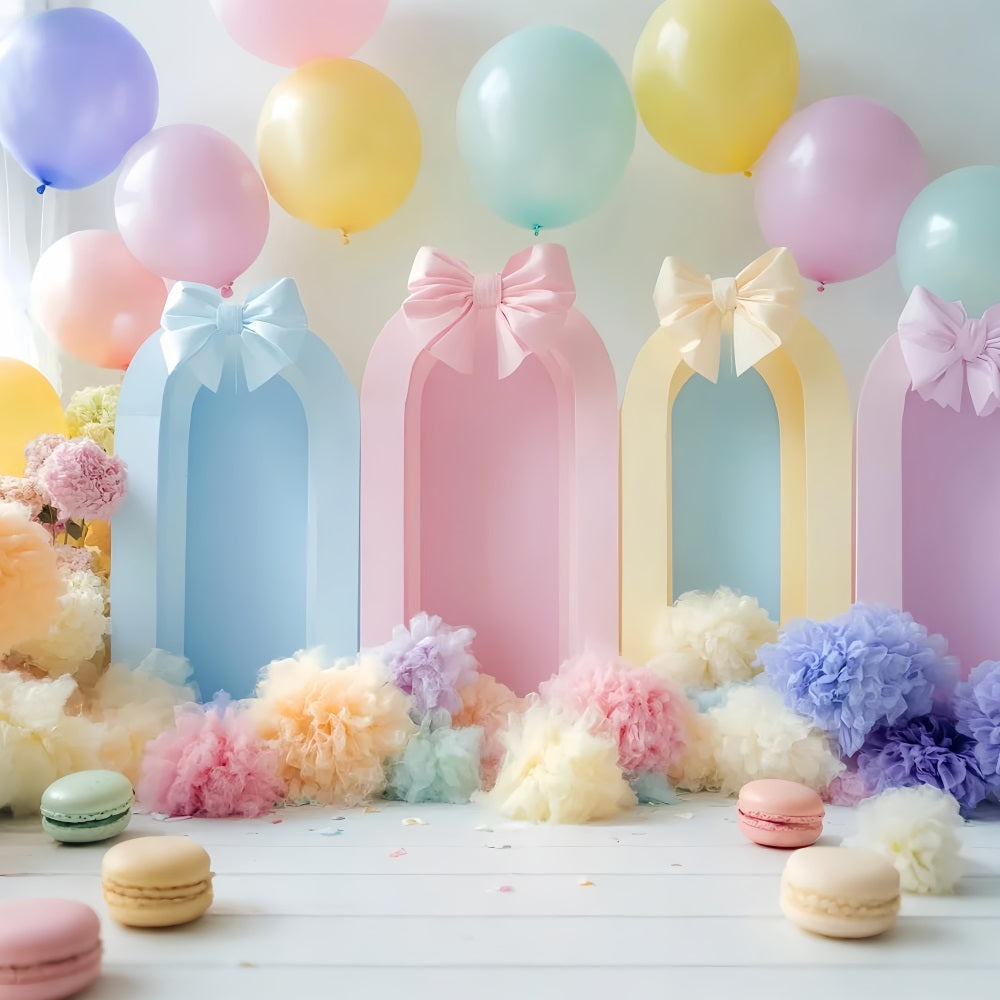 Toiles de fond avec nœuds Ballons pastel Arches colorées Gâteau d'anniversaire LXX510-163
