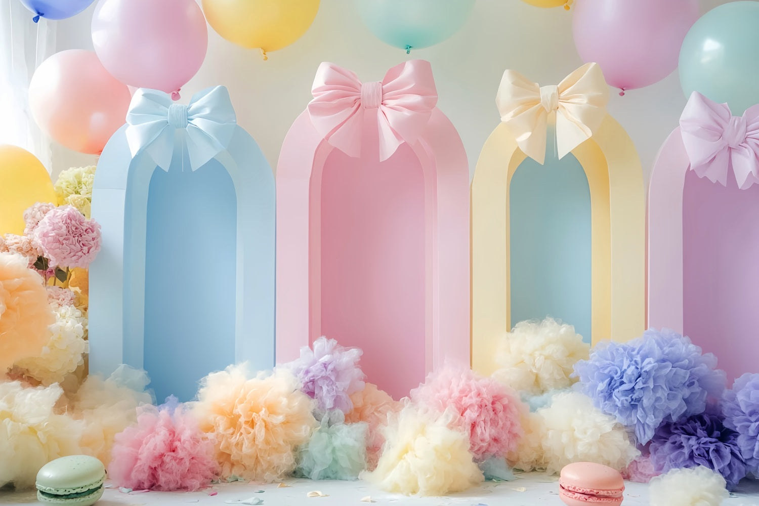 Toiles de fond avec nœuds Ballons pastel Arches colorées Gâteau d'anniversaire LXX510-163