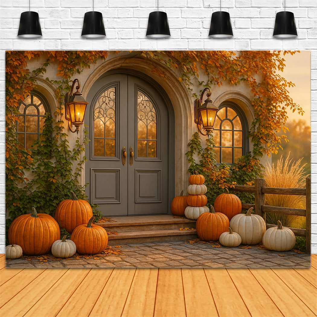 Fond citrouille Porte de cottage Porche citrouille Fond Joyeux Thanksgiving LXX510-23