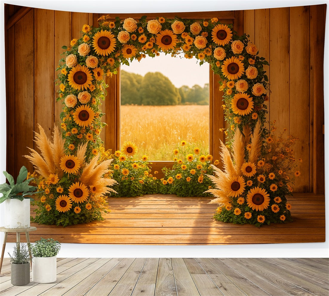 Fond d'automne Arche de tournesols Grange rustique Idées de fonds pour Thanksgiving LXX510-33