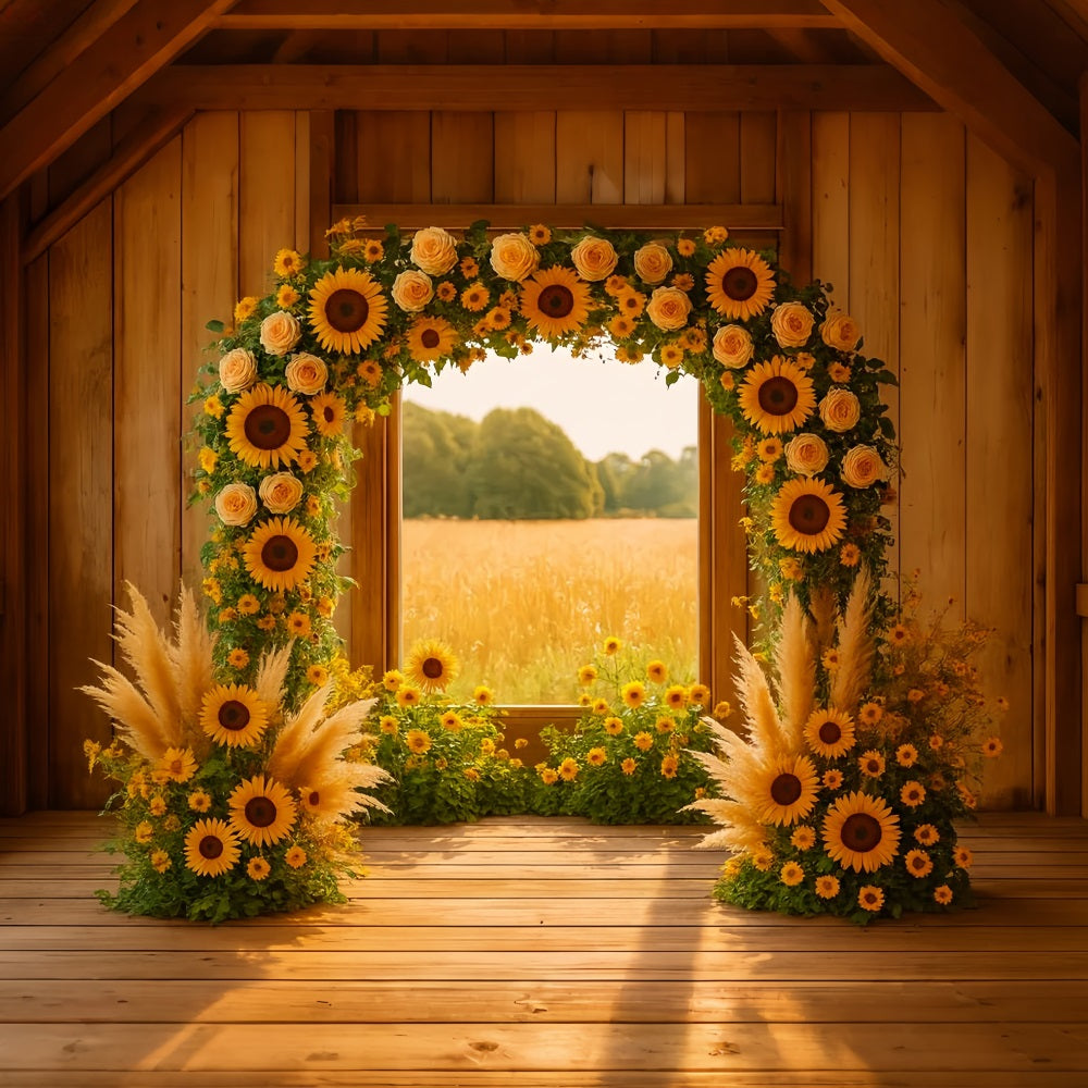 Fond d'automne Arche de tournesols Grange rustique Idées de fonds pour Thanksgiving LXX510-33