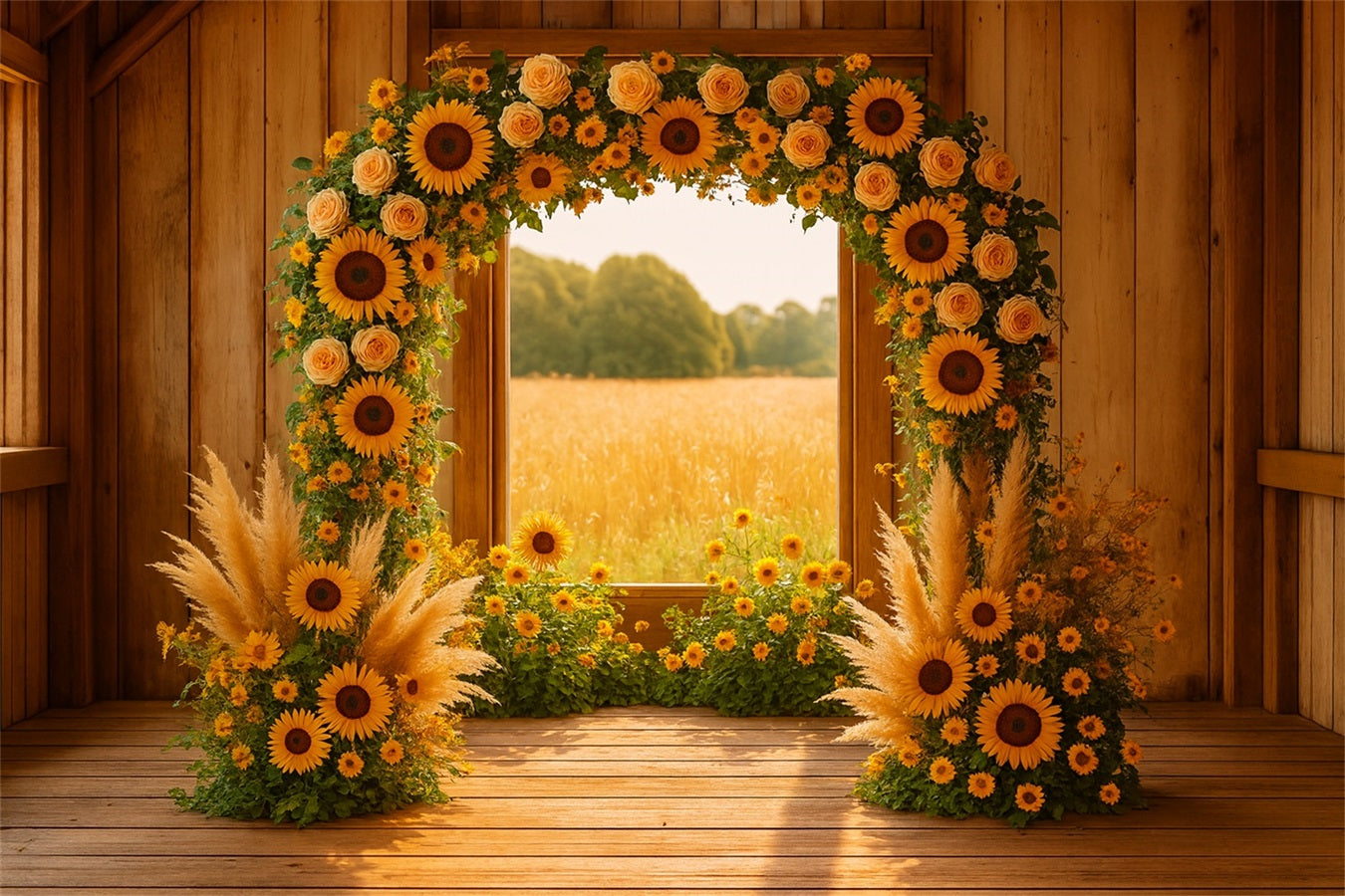 Fond d'automne Arche de tournesols Grange rustique Idées de fonds pour Thanksgiving LXX510-33