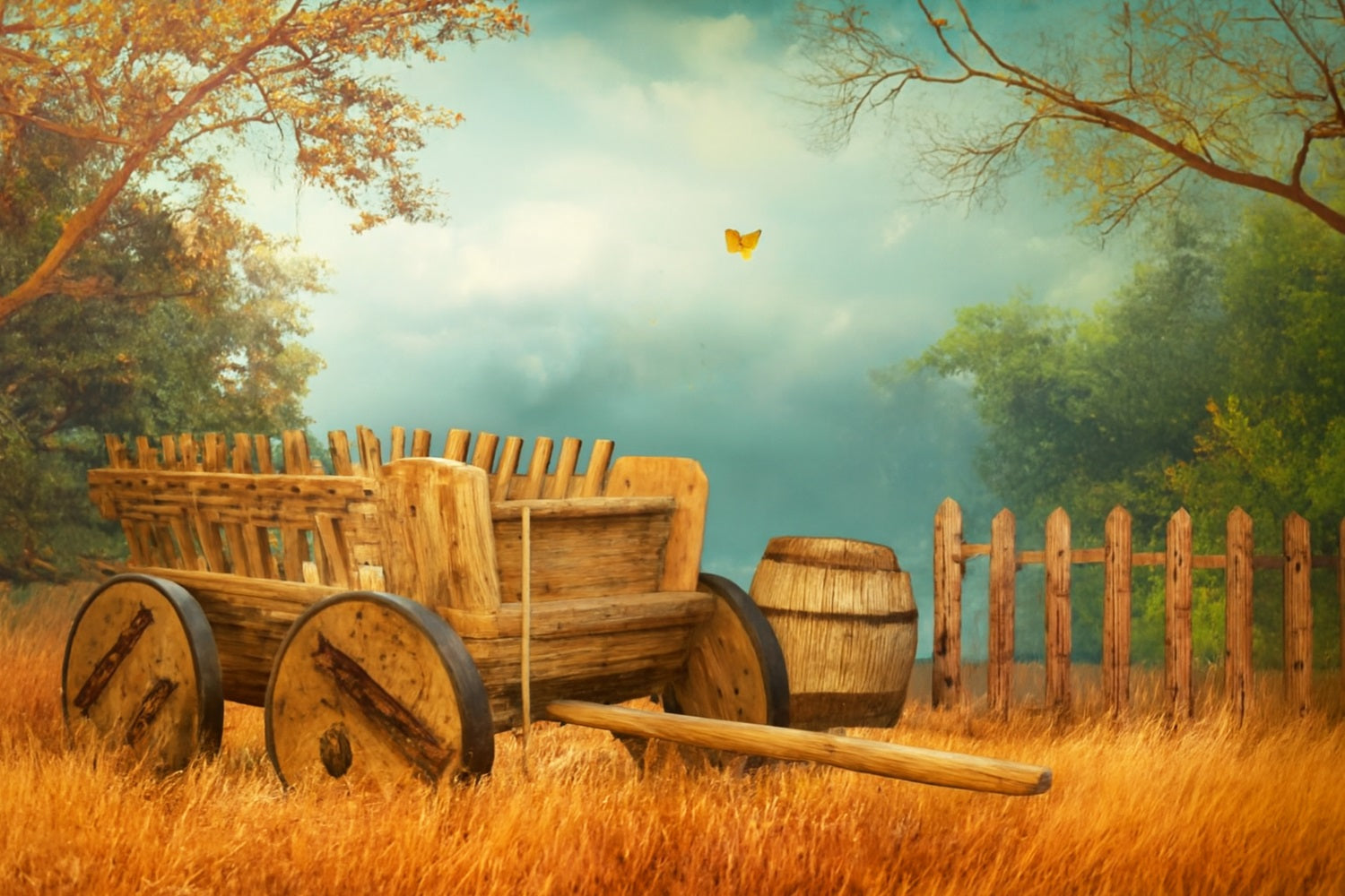 Fond de ferme Charrette en bois Prairie d'automne Fonds photo pour Thanksgiving LXX510-34