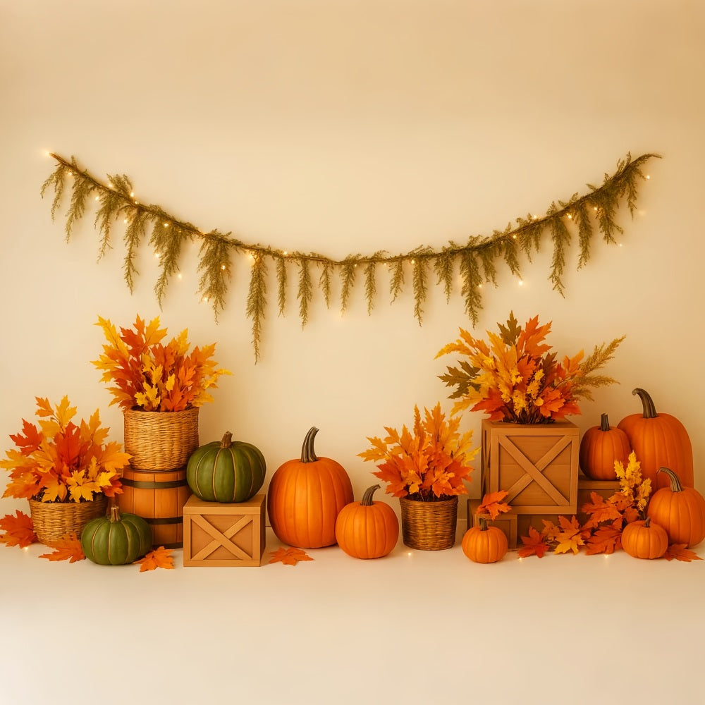 Fond citrouille Feuilles d'érable Arrangement chaleureux Fonds photo pour Thanksgiving LXX510-40