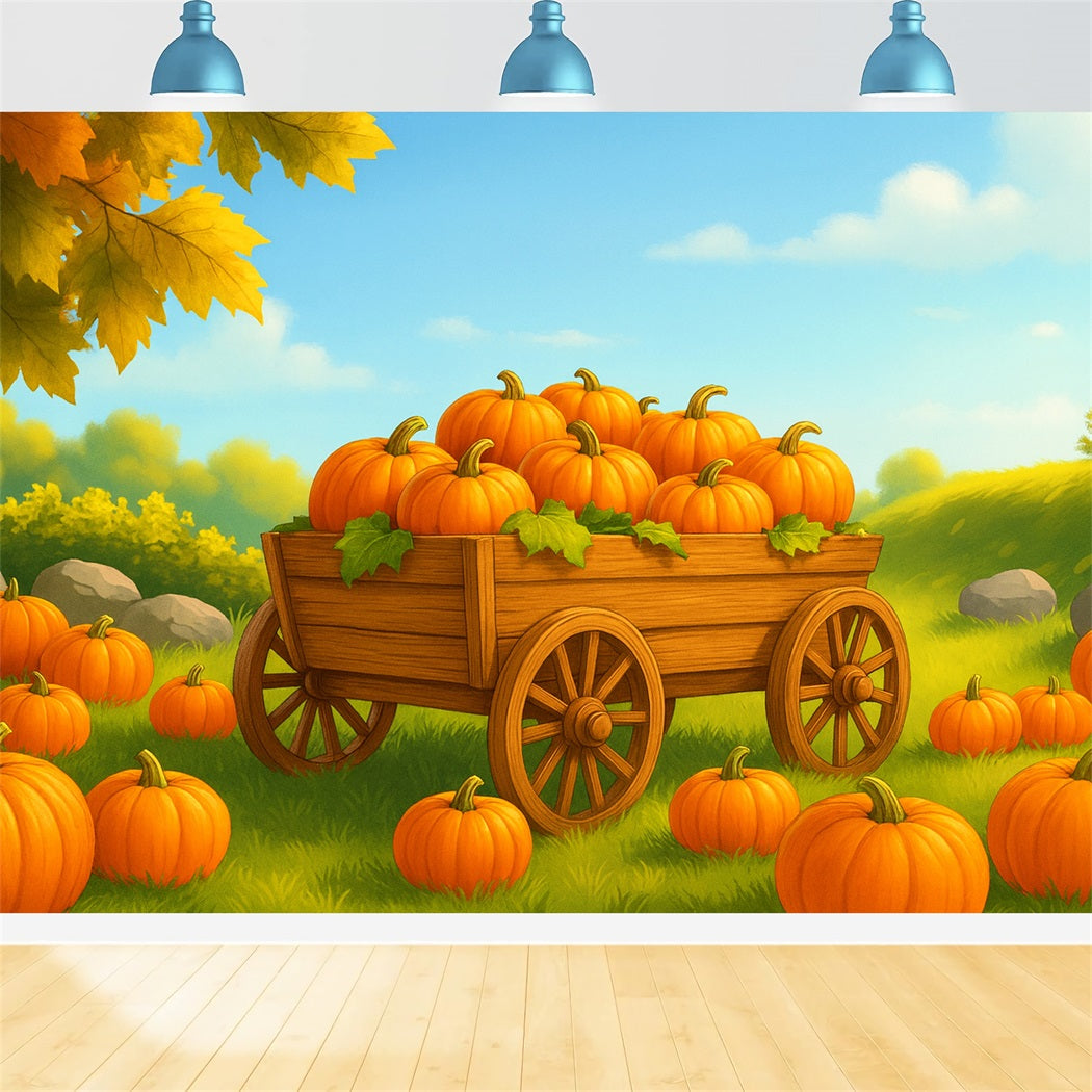 Fond agricole Chariot de citrouilles Champ ensoleillé Idées de fonds pour Thanksgiving LXX510-51