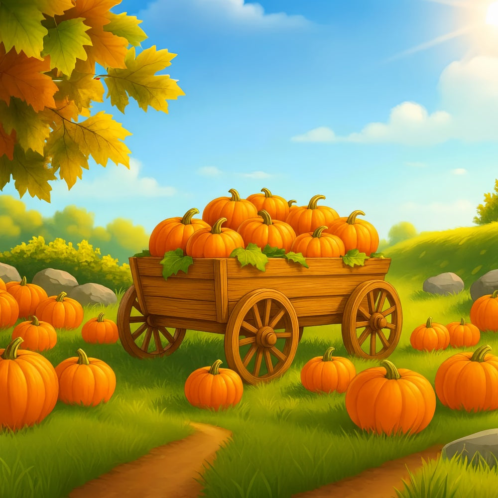 Fond agricole Chariot de citrouilles Champ ensoleillé Idées de fonds pour Thanksgiving LXX510-51