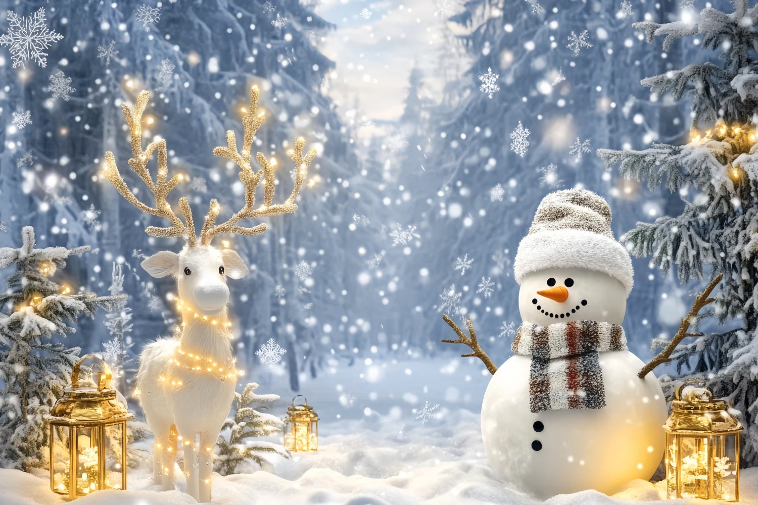 Fond Wonderland Bonhomme de neige Renne Forêt lumineuse Fond photographique hivernal LXX510-65