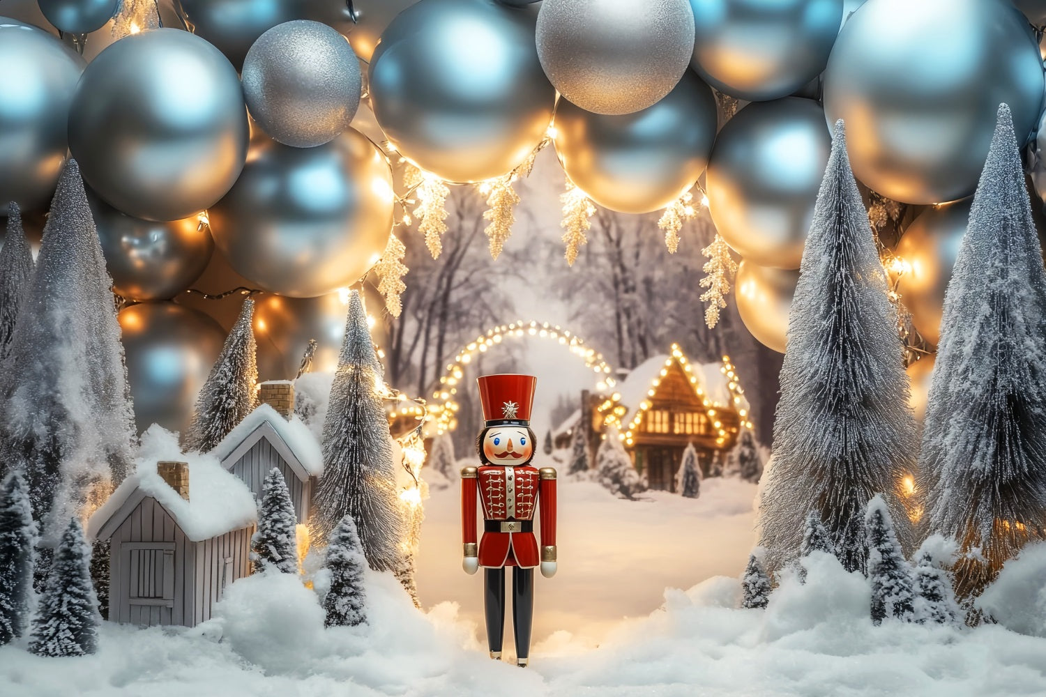 Fond hivernal Casse-noisette Ballons argentés Village Fond neige hivernal LXX510-72