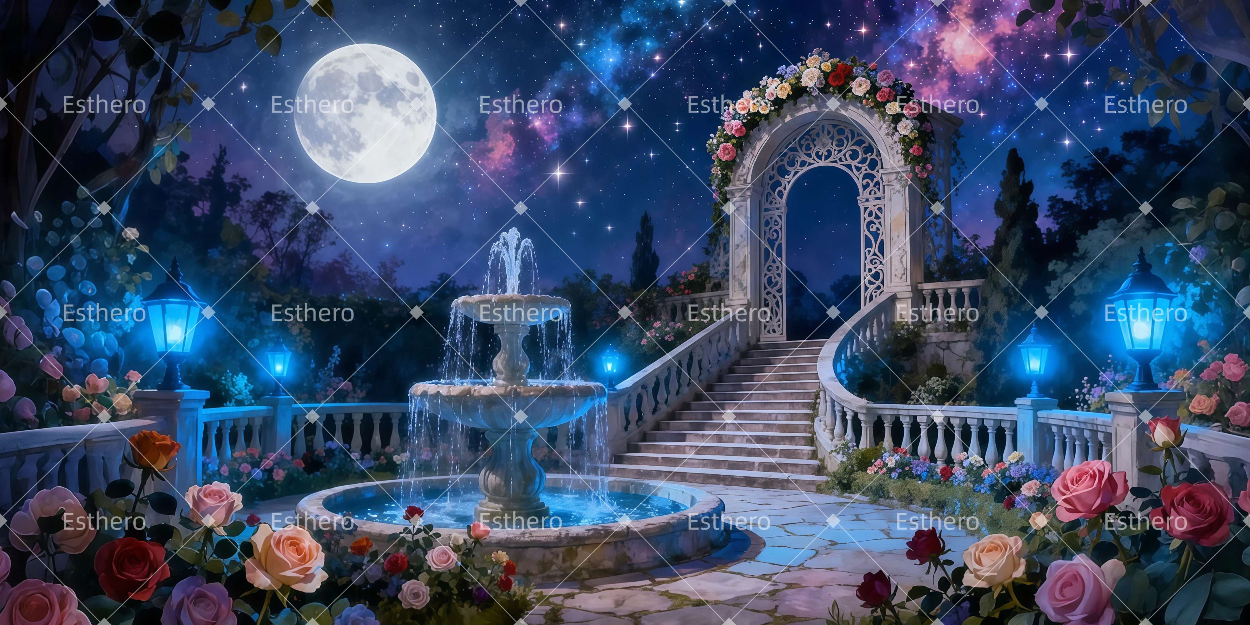 Fond de Scène Jardin De Roses Au Clair De Lune LXX511-T21