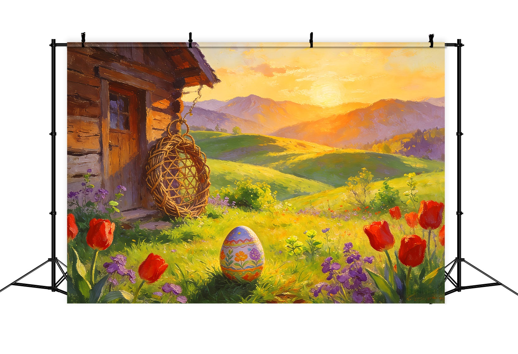 Fond chasse aux œufs de Pâques Cottage peint Lever du soleil Prés Fond tulipes LXX512-106