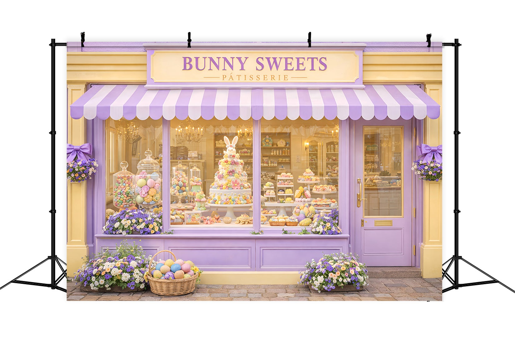 Fond Joyeuses Pâques Lapin Bonbons Magasin de bonbons Fond avec œufs de Pâques LXX512-108